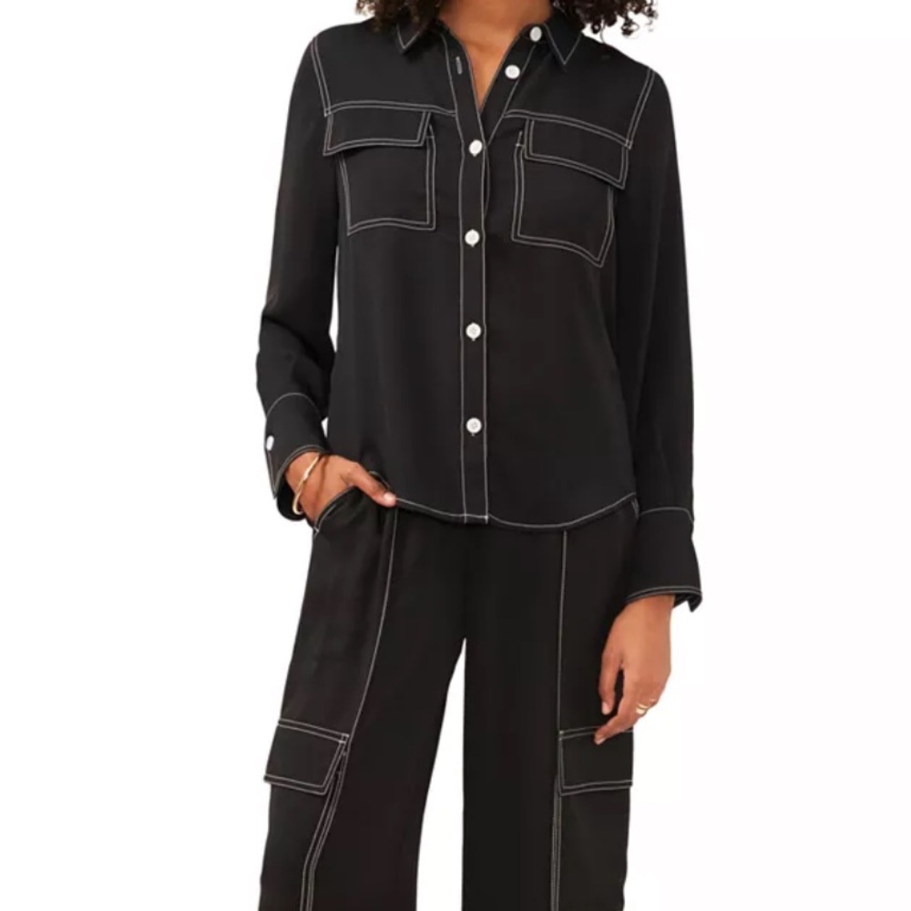 Vince Camuto Women's Contrast Stitch Button Front Collared Top black size S